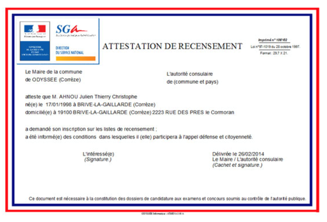 attestation de recensement